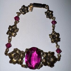 Vintage 1980's Sadie Green Art Nouveax, Brass & Faux Amethyst Bracelet, 7"